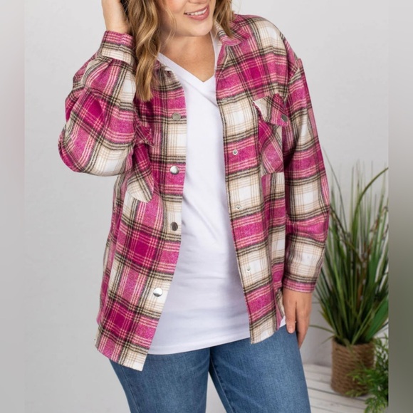 Jen & Co Fleece Plaid Shacket, Fully Lined, Pink, S/M - Picture 1 of 8
